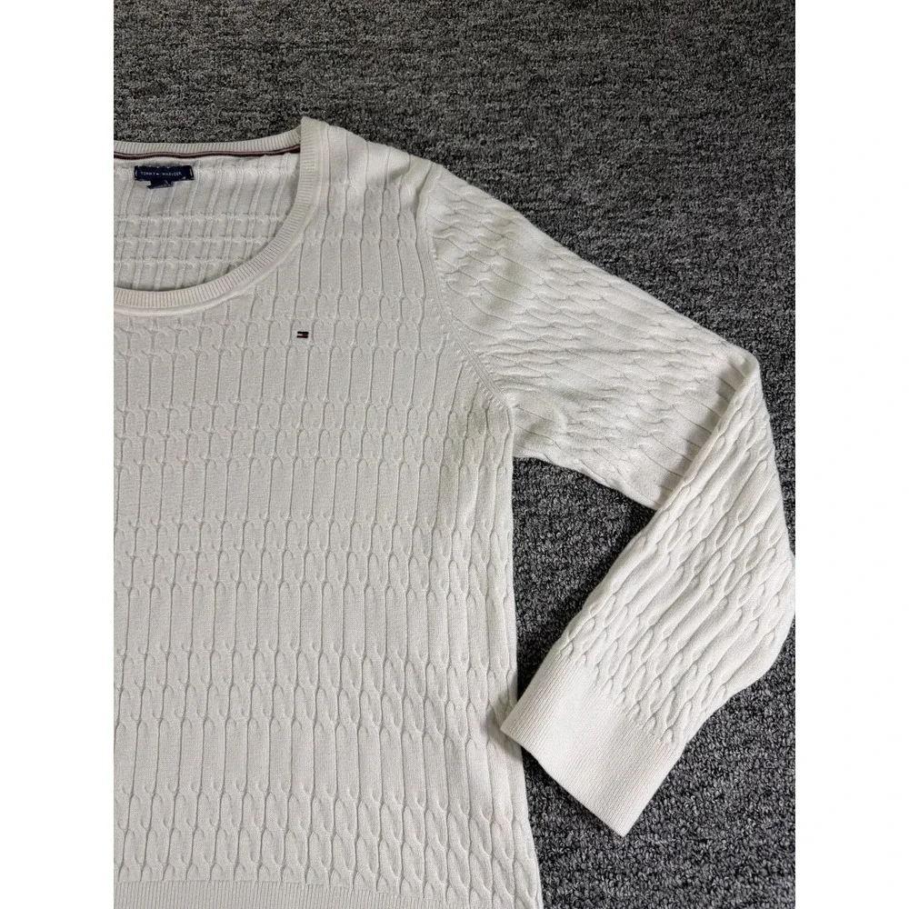 Tommy Hilfiger Sweater Womens XL White Logo Cable Knit Ribbed Hem Round Neck